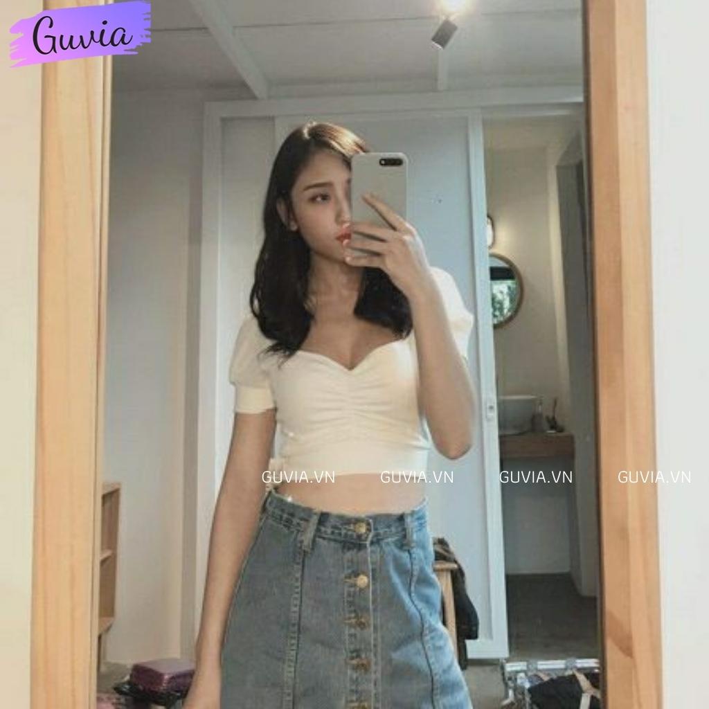 Áo Croptop Tay Phồng Cổ Vuông Nhún Ngực, Áo kiểu nữ chất vải tốt mặc đẹp CRT 10 GUVIA