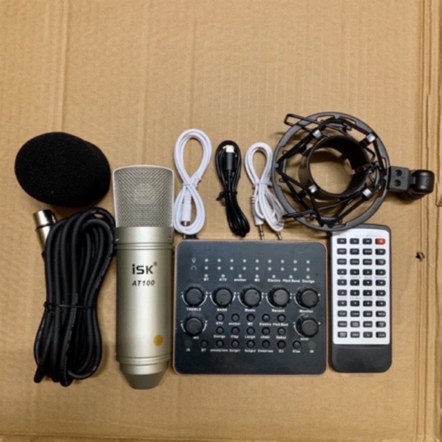 combo thu âm livestream Mic isk AT100 chính hãng-sound card v10 có bluetooth kèm dây li