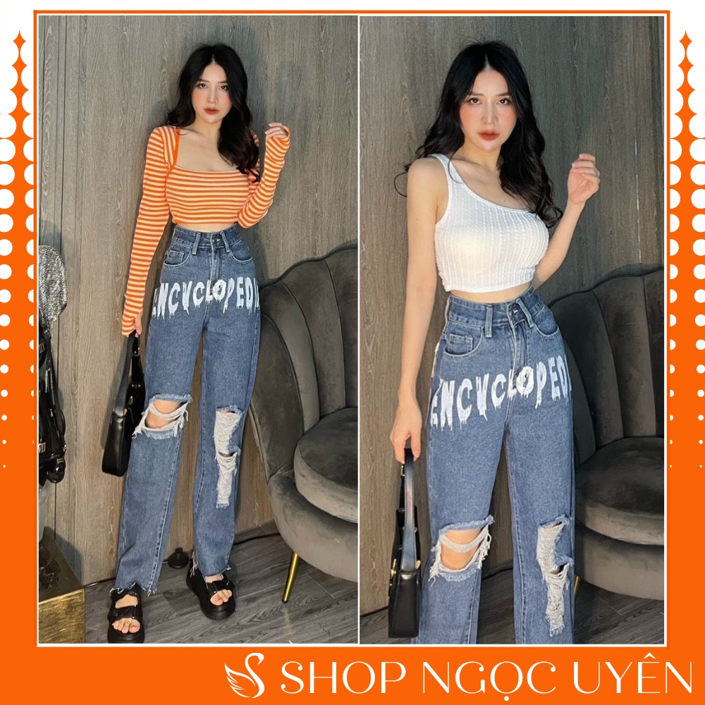 Quần Jeans Nữ Dáng Baggy Lưng Cao Rách Bên Hông - Quần Bò Nữ Màu Xanh Nhạt Cao Cấp Siêu Xinh