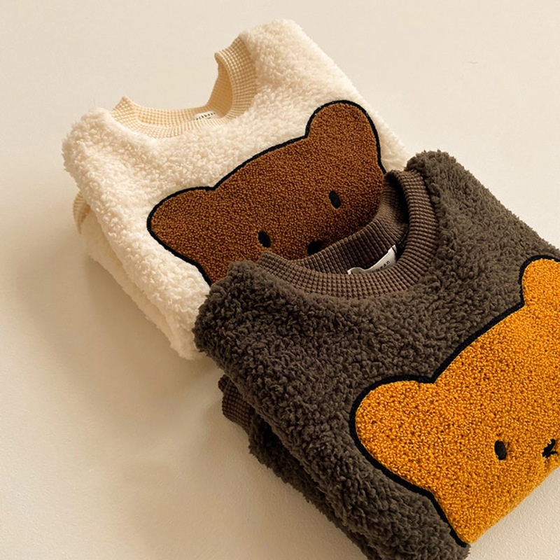 Áo hoodie vải lông cừu mềm hình gấu hoạt hình xinh xắn kiểu hàn quốc dành cho bé 0w5l