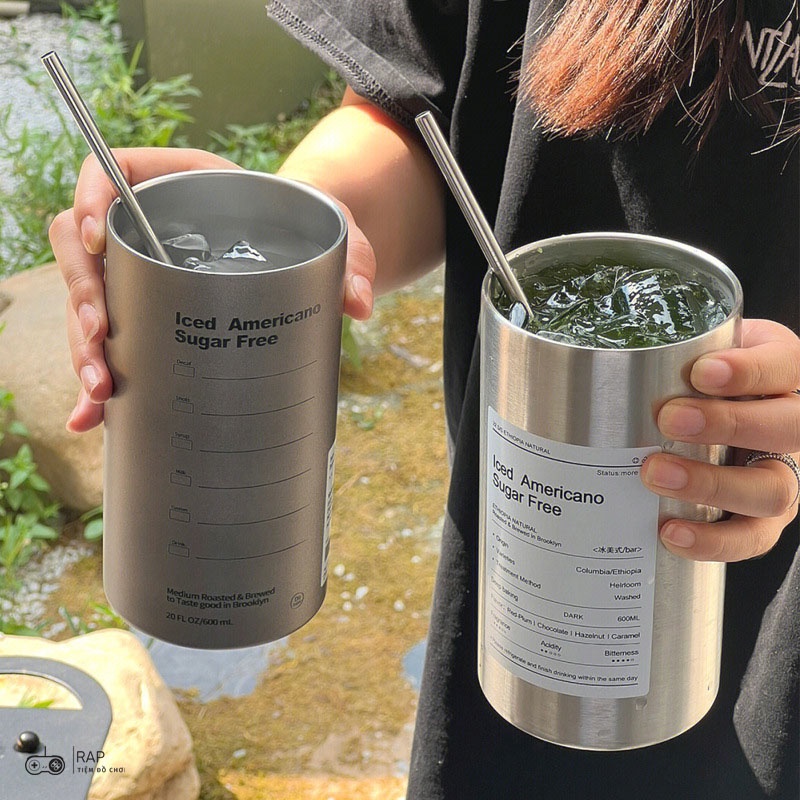Bình ly giữ nhiệt ICED AMERICANO tặng kèm ống hút  Ráp dung tích 650ml, chất liệu thép cao cấp không gỉ giữ nhiệt