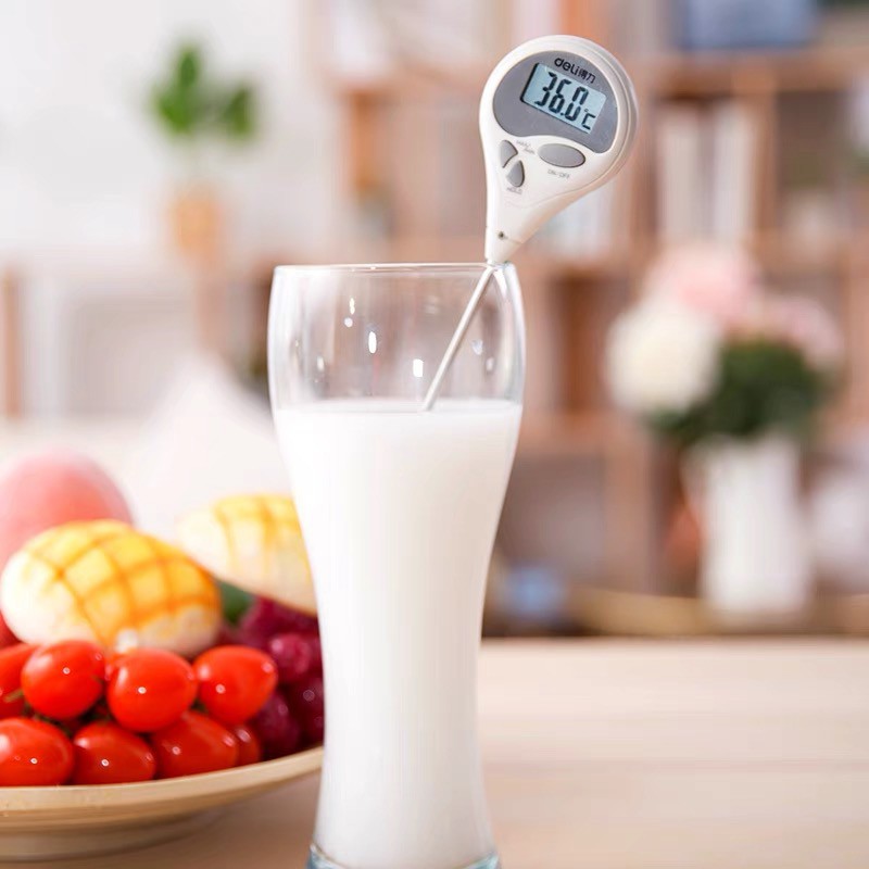 Nhiệt kế điện tử đa năng Deli đo nhiệt độ sữa, nước, thực phẩm, chất lỏng, bấm giờ, gấp gọn chất liệu an toàn