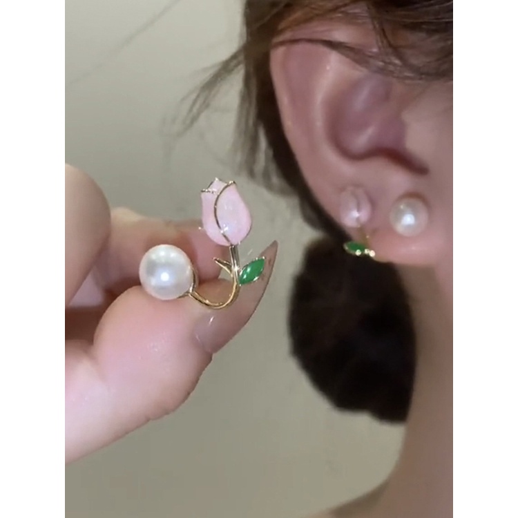 Khuyên Tai Hình Hoa tulip Đính Ngọc Trai Màu Hồng Thời Trang Mùa Hè Cá Tính