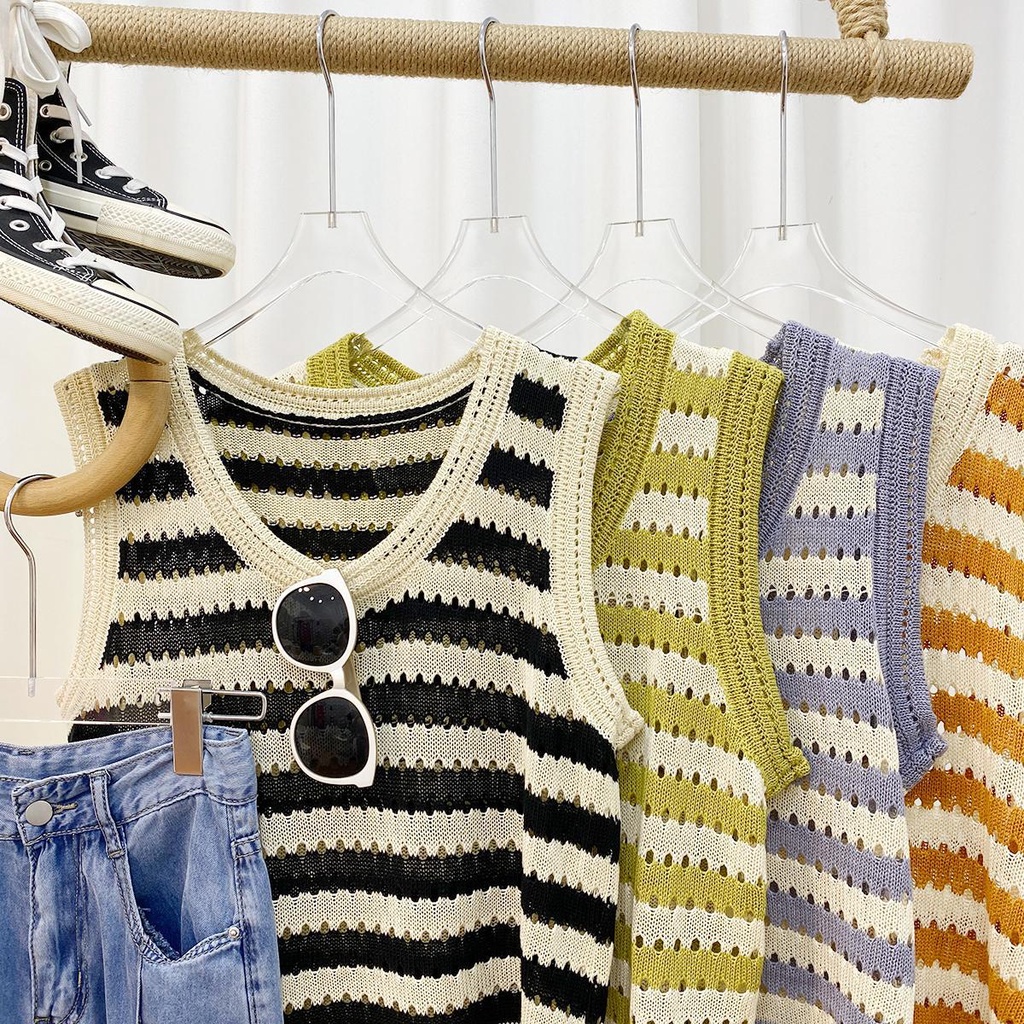 Áo Dệt Kim Không Tay Dáng Rộng Họa Tiết Kẻ Sọc Màu Đen Thời Trang Mùa Hè Dành Cho Nữ