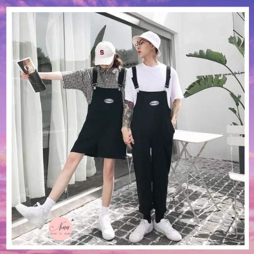 Set Yếm Đôi Đen Trắng Caro Thêu Logo UNISEX NinaStore (Có Sẵn)