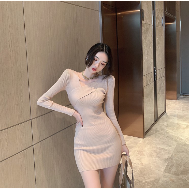 Váy body thun gân cổ chéo Quảng Châu 2 màu đen, be, đầm nữ đẹp