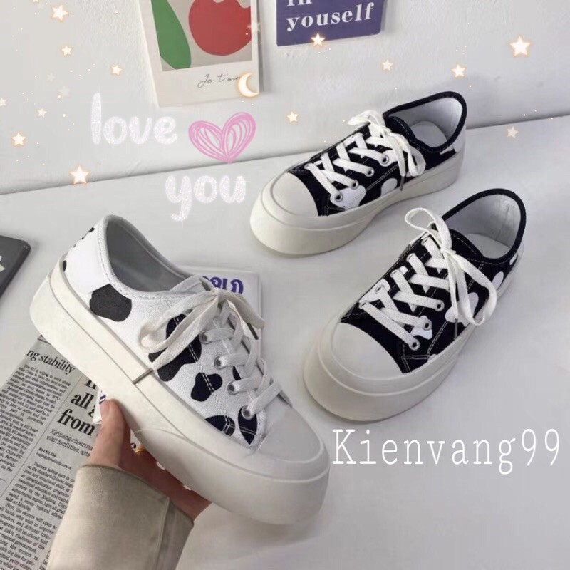 Giày thể thao nữ bò sữa đế bánh mì 2 màu đen và trắng