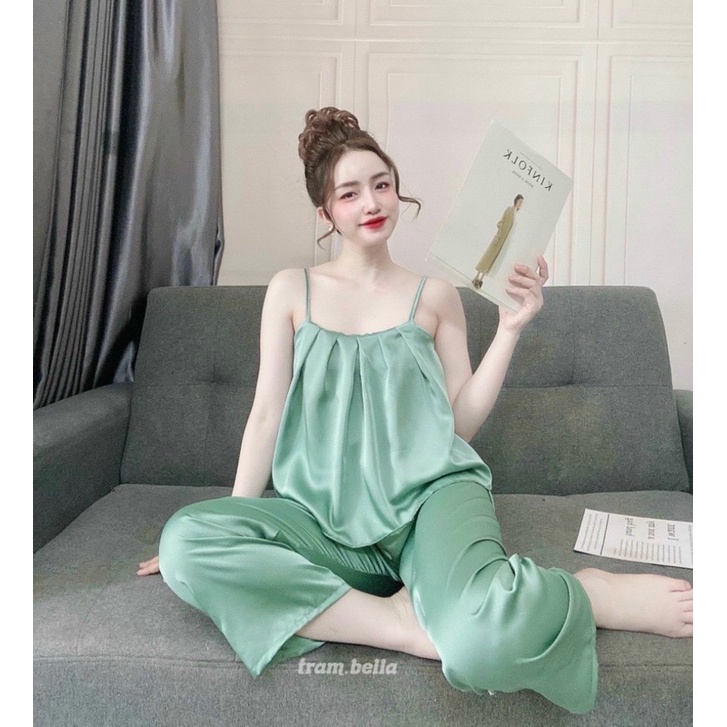 Bộ 2 dây satin xếp ly dài,đồ bộ 2 dây mặc nhà,set dây lụa satin mặc nhà sexy
