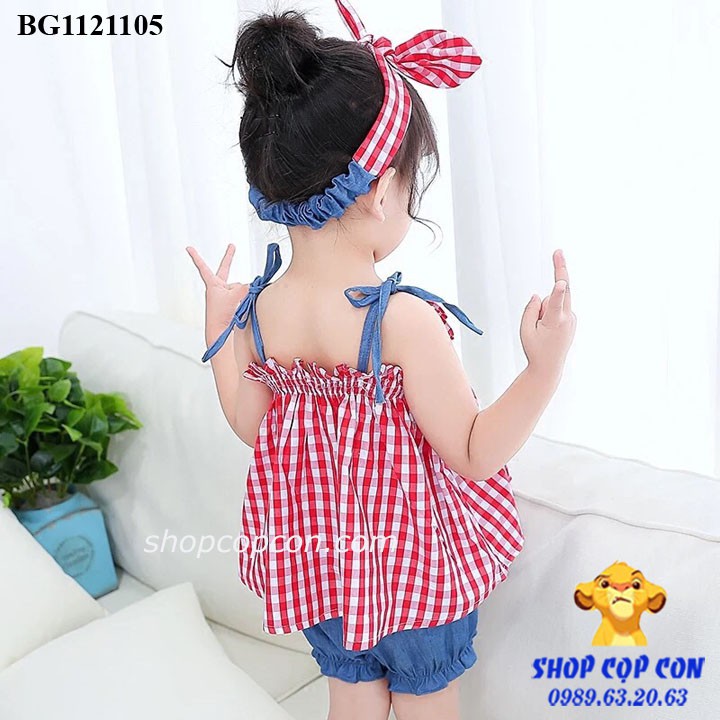 Set áo dây caro, quần jean phồng, băng đô (14-30kg)