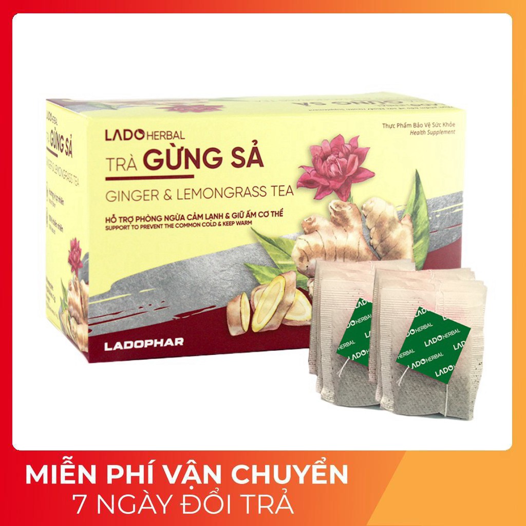 (sale giá sốc) Hộp 20 túi trà gừng sả Ladophar phòng ngừa cảm lạnh, giữ ấm cơ thể (Vàng - Đỏ)