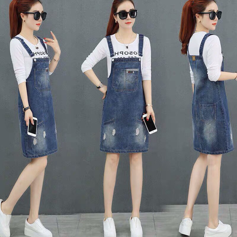 Yếm jean 2 dây phối túi DTFashion váy ngắn freesize