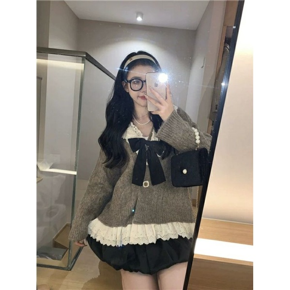 Set Áo Len Phối Nơ Và Chân Váy Xòe Ngắn Cho Nữ Phong Cách Tiểu Thư