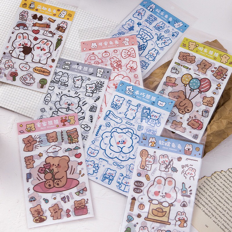 Hình dán sticker gấu siêu siêu cute vĩ 6 miếng nhiều hình khác nhau trang trí sổ tay, máy tính, laptop, góc học tập
