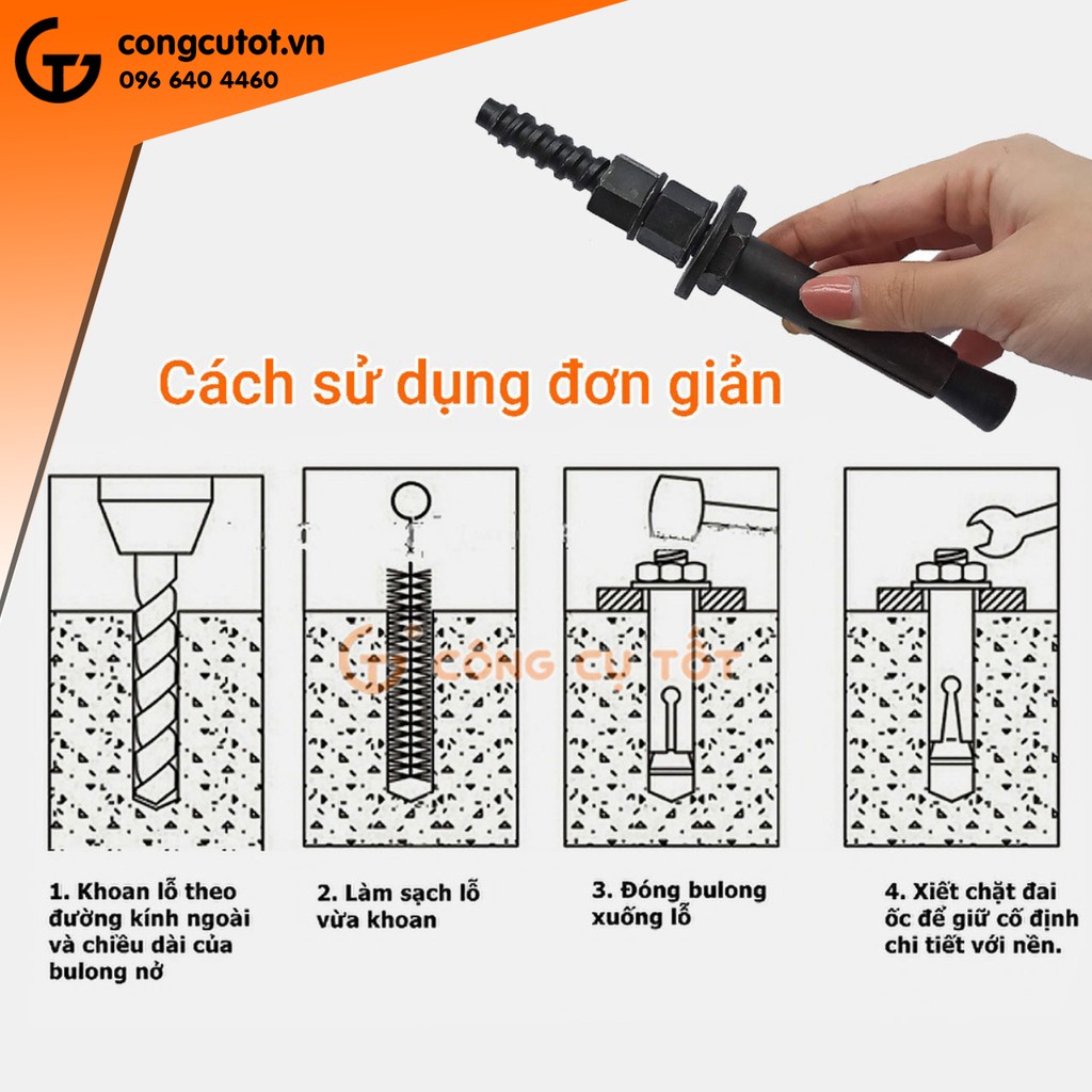 Bu lông nở nón 3 cánh đàn hồi M11 tái sử dụng 100 lần