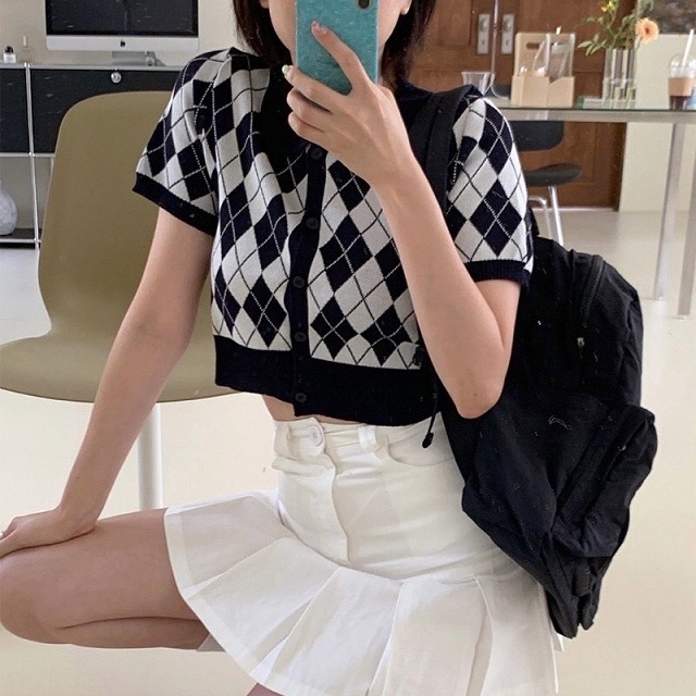 Áo Cadigan Nữ Tay Ngắn Kẻ Sọc Caro, Áo Len PoloTrám Cộc Tay ulzzang style - Mono Boutique