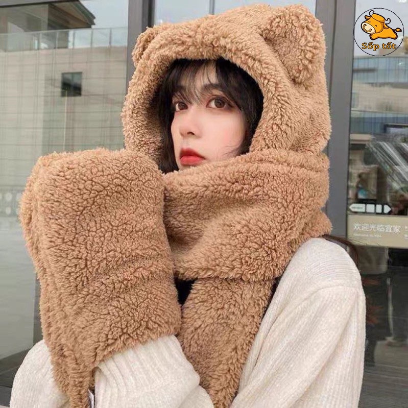 Mũ lông cừu kèm khăn quàng cổ gang tay siêu ấm mùa đông