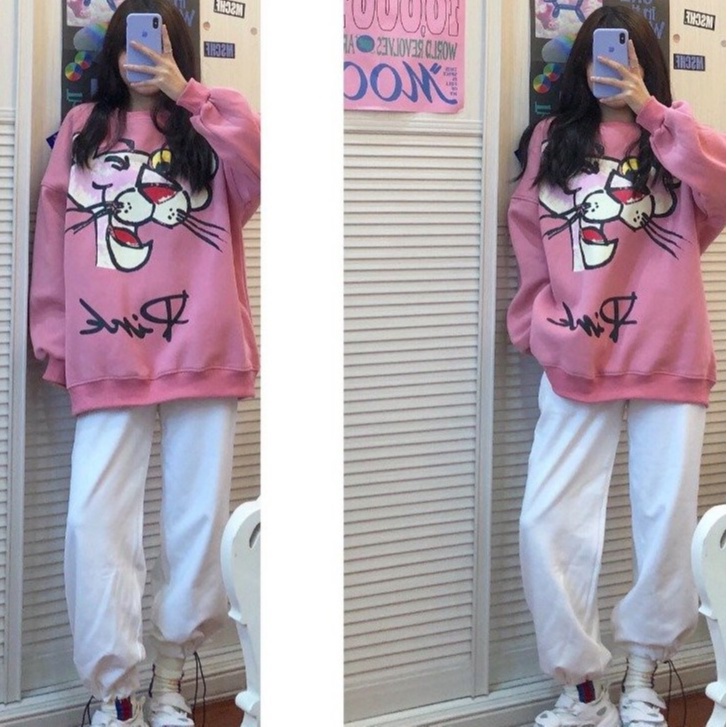 Set Bộ Nỉ Bông Hoạt Hình BÁO HỒNG Quần Jogger Ống Suông Mix Áo Sweater Form Rộng Tay Bồng