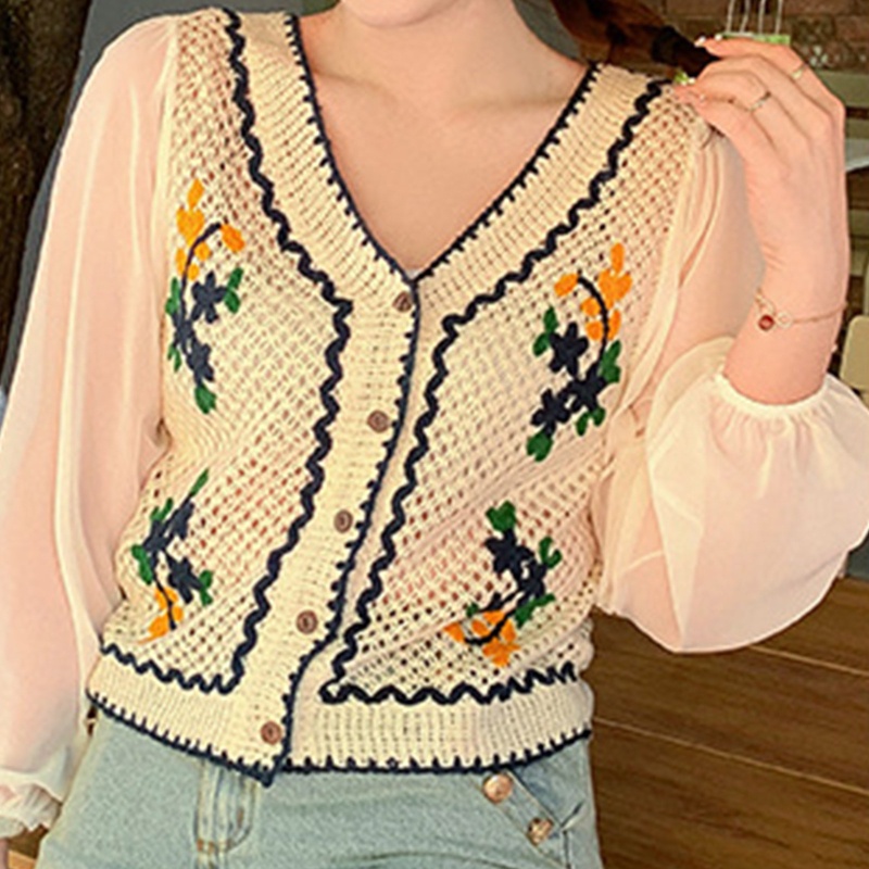 Áo Khoác Cardigan Dệt Kim Tay Dài Cổ Chữ V Phối Nút Thiết Kế Đục Lỗ Thời Trang