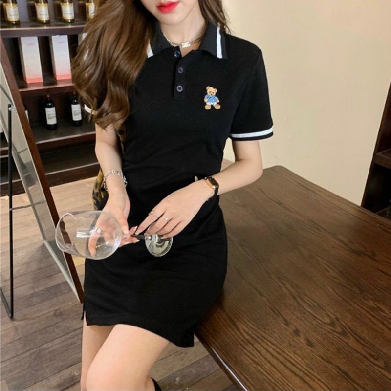 [SIÊU HOT] ĐẦM ĐEN BODY CỔ POLO VIỀN THÊU GẤU DỄ THƯƠNG