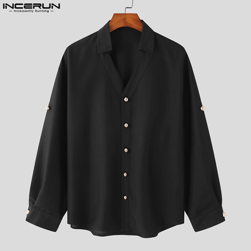 Áo sơ mi INCERUN tay dài cổ chữ V màu trơn dành cho nam