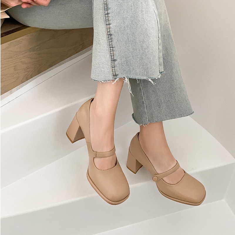 Giày cao gót nữ cao 7cm quai cài ngang 3 màu đen trắng nâu