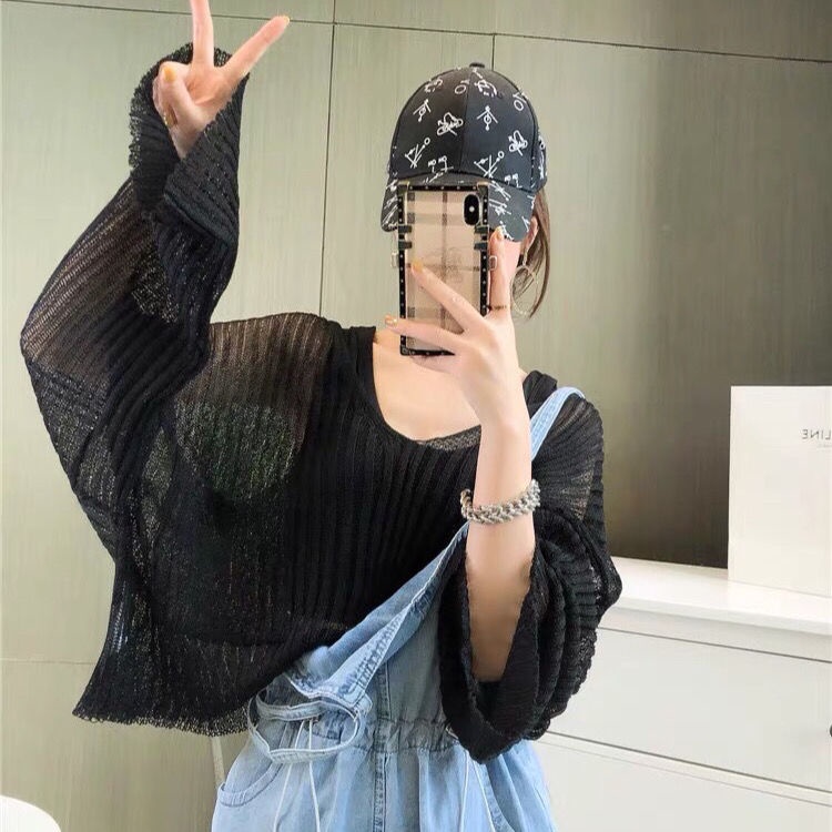 Jiashucheng Áo Sơ Mi Dệt Kim Tay Dài Cổ Chữ V Vải Lụa Lạnh Mỏng Chống Nắng Mùa Hè Phong Cách Mới Cho Nữ