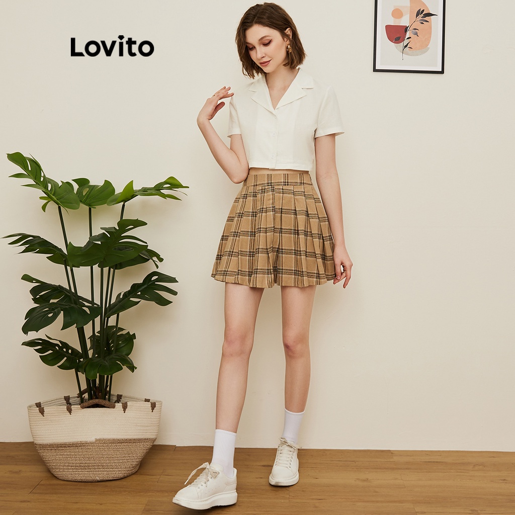 Áo Lovito ngắn tay dáng ngắn có túi có cổ màu trơn phong cách Preppy L19D015 (màu trắng)