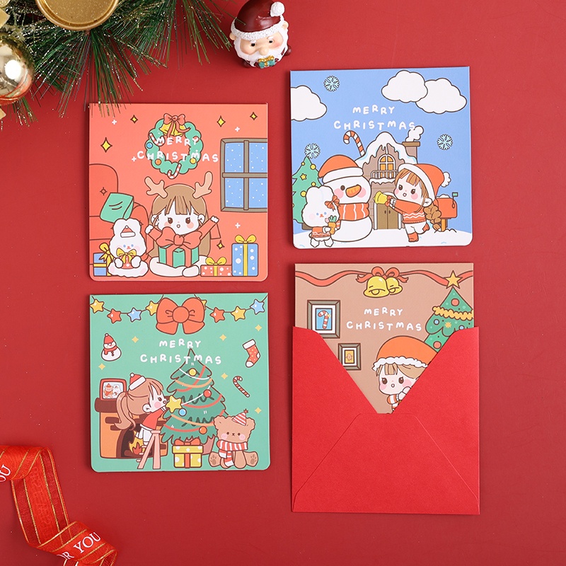 Set 4 Thiệp Giáng Sinh Kèm Phong Bì Họa Tiết Hoạt Hình Dễ Thương
