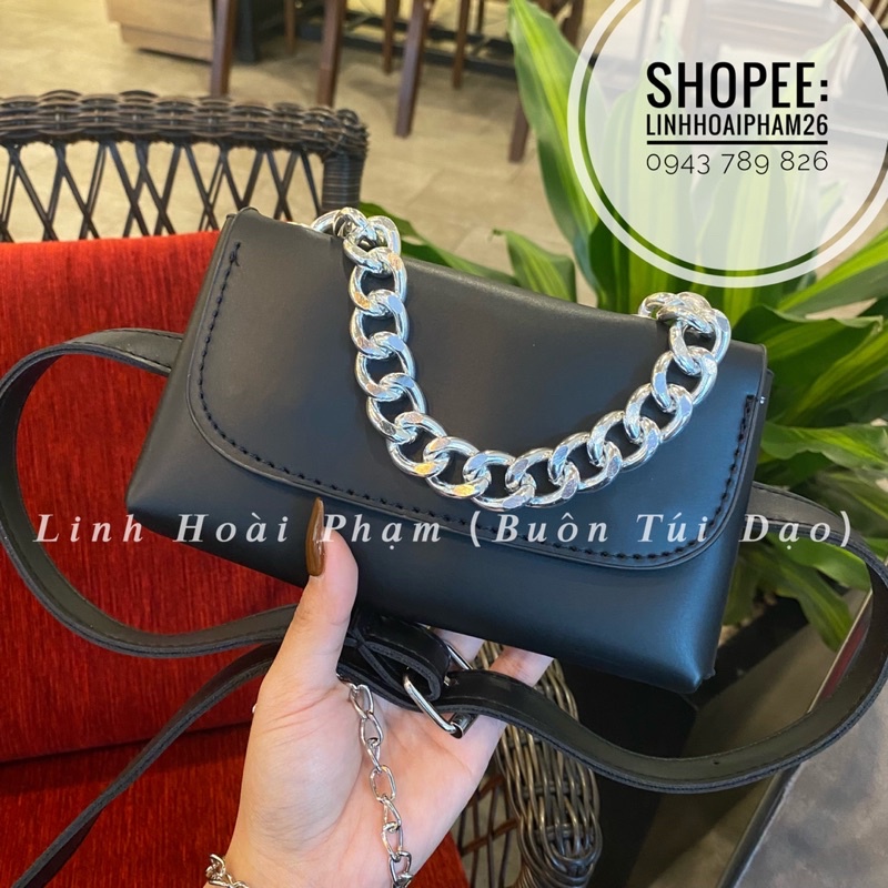 Túi da đeo hông kèm dây xích đeo chéo size 20cm (ảnh thật)