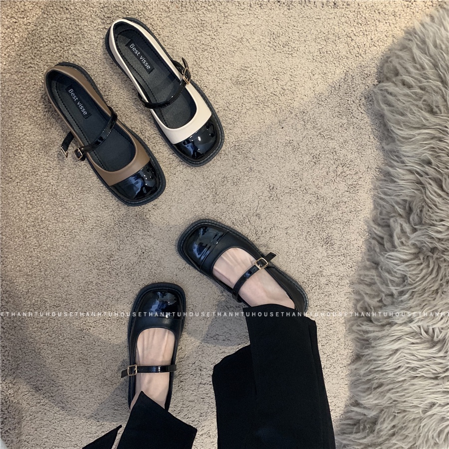 Giày Mary Jane Quai Ngang Mũi Vuông Phối Hai Tông Màu Retro Thời Trang - GD004