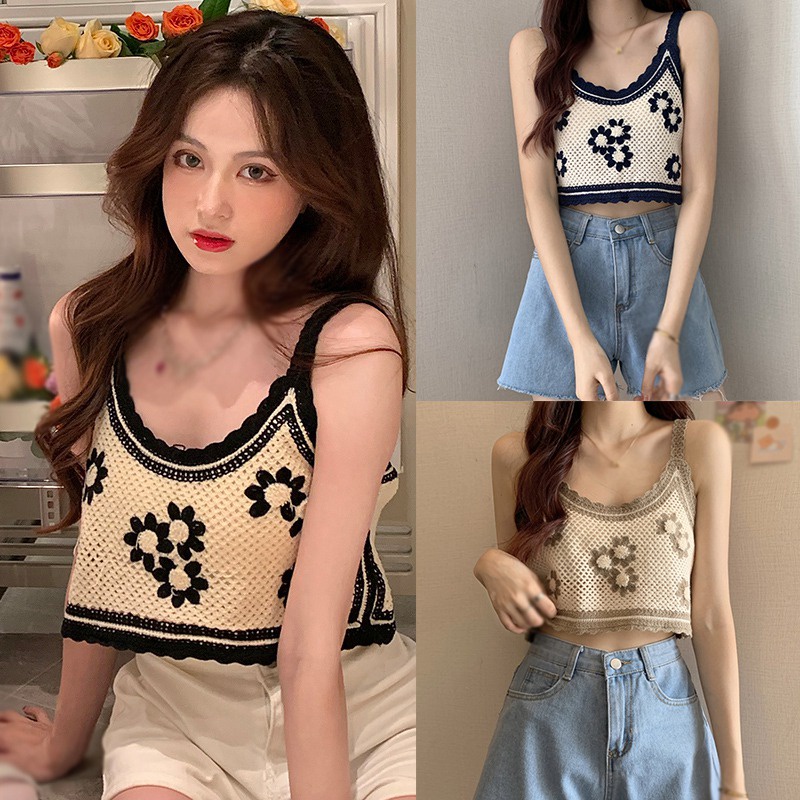 Áo croptop hai dây dệt kim phong cách Hàn Quốc retro thời trang cho nữ