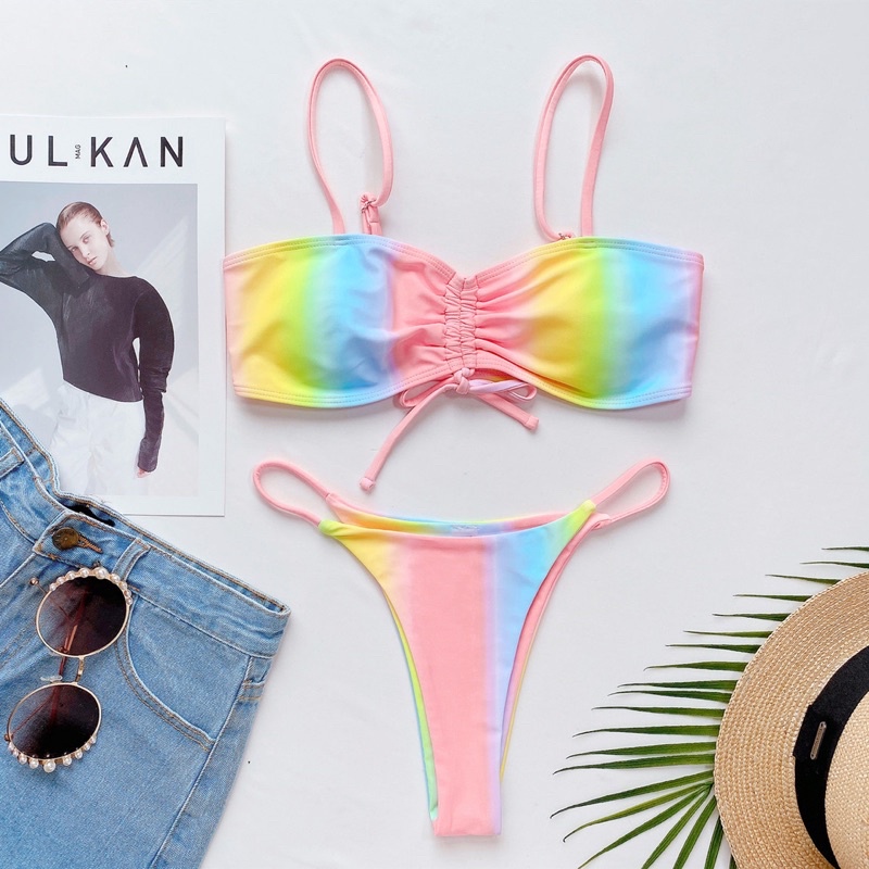 [BKN1196] &lt;ÂU&gt; SET BIKINI LOANG VÀNG HỒNG RÚT NGỰC QUẦN THONG/LỌT KHE