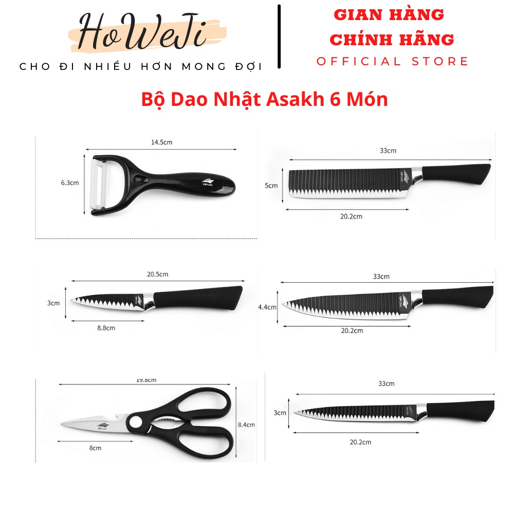 Bộ Dao Nhật Asakh 6 Món Hình Gợn Sóng Cao Cấp - Full Box Chất Liệu Chống Dính Chống rỉ - Bảo Hành 1 Năm