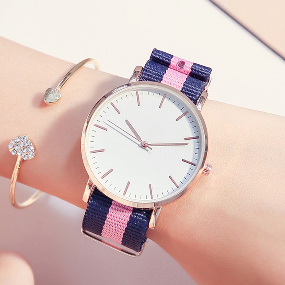 Đồng hồ đeo tay bộ máy quartz dây đeo bằng nylon họa tiết kẻ sọc thời trang cho cặp đôi