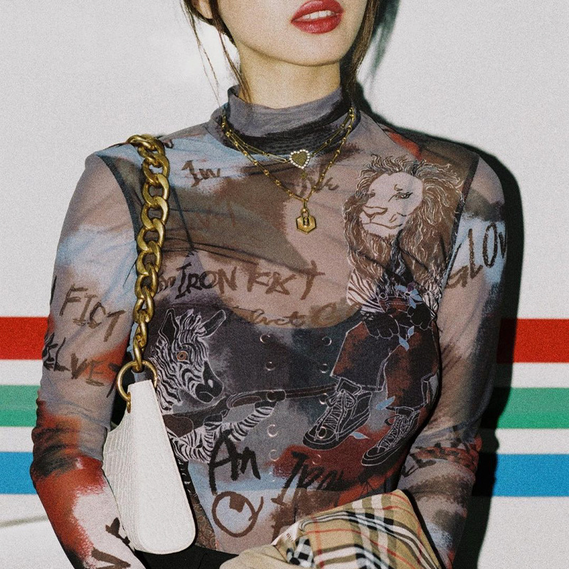 DUNEA Bodysuit Dài Tay Xuyên Thấu In Chữ Gợi Cảm Cho Phái Nữ