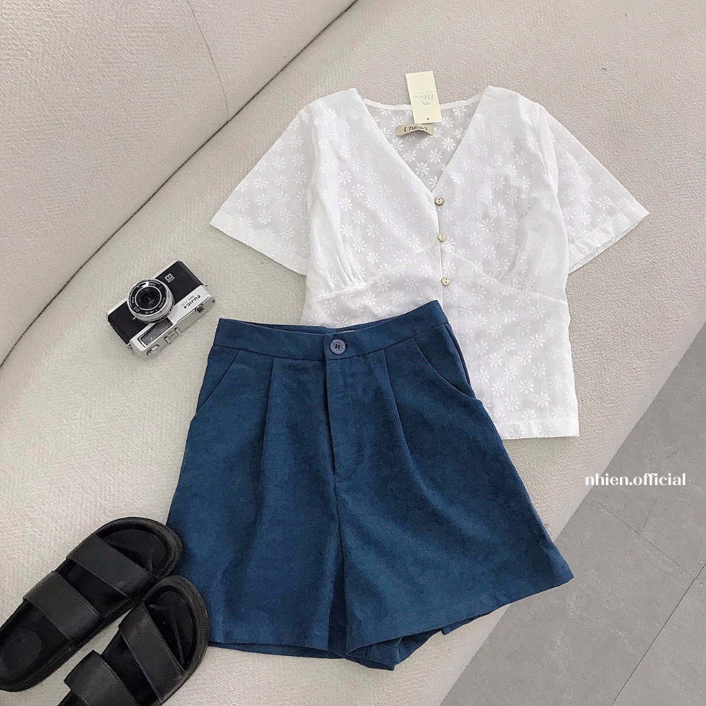 Áo kiểu xô in hoa tay ngắn Nhienvintage_AA700