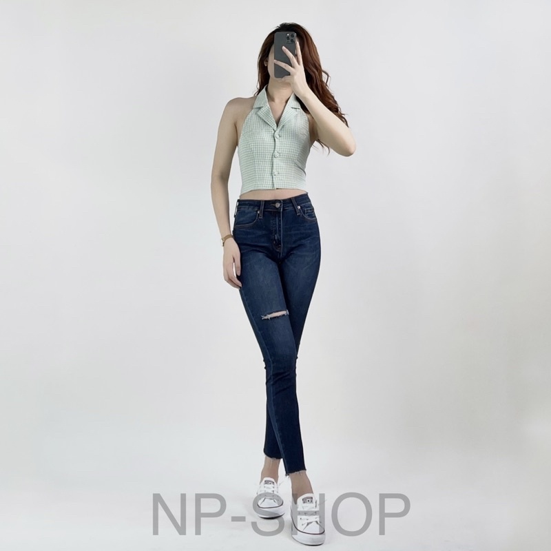 Quần jean nữ lưng cao NP Shop ⚡️ Quần bò nữ 9 tấc dáng ôm cạp cao co giãn kiểu Rách Đùi