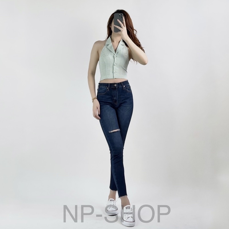 Quần jean nữ lưng cao NP Shop, Quần bò nữ 9 tấc dáng ôm cạp cao co giãn kiểu Rách Đùi NPQUAN029