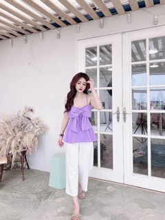 Set áo 2s nơ mix quần suông trắng