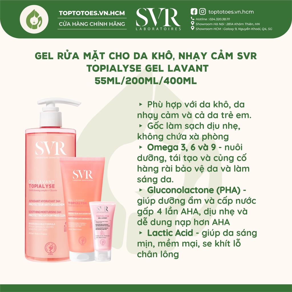 Gel rửa mặt cho da khô nhạy cảm SVR Topialyse Gel Lavant 55ml/ 200ml  [NHẬP KHẨU CHÍNH HÃNG 100%]