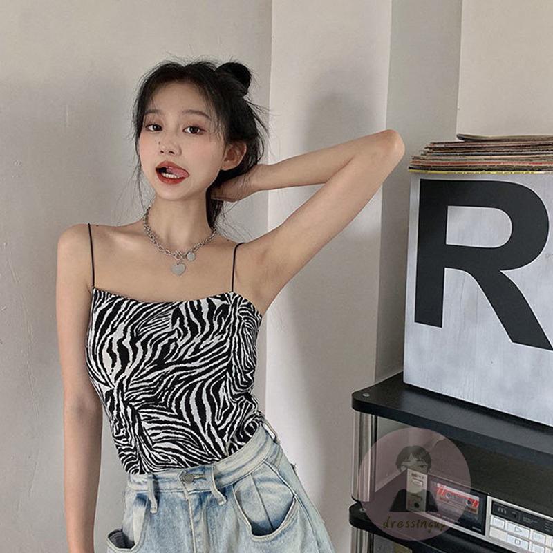 Áo Hai Dây Dệt Kim Cổ Vuông In Họa Tiết Ngựa Vằn Sành Điệu Cho Nữ