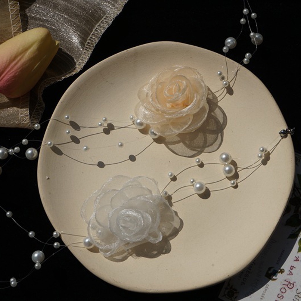 Vòng cổ choker vải lưới phối hạt ngọc trai duyên dáng thời trang cho nữ