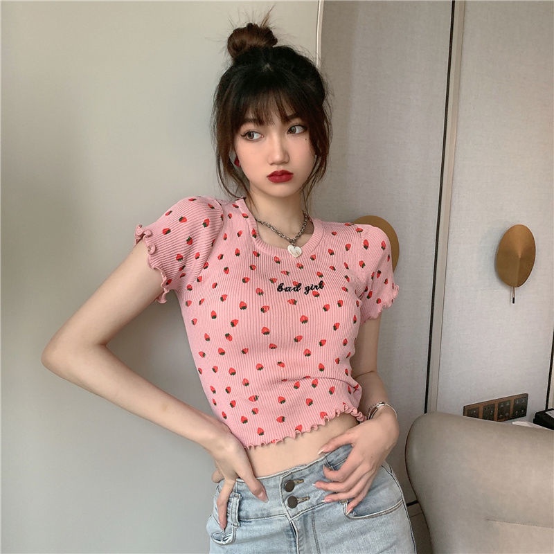 AMOI Áo Thun Dệt Kim Tay Ngắn In Họa Tiết Hoa Phong Cách Hàn Quốc Cổ Điển Thời Trang Cho Nữ