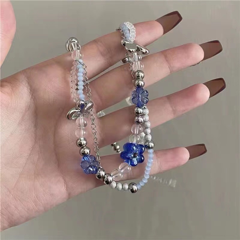 Vòng cổ Chuỗi Hạt Nhiều Lớp Mặt Kính Và Hoa Bướm Đính Ngọc Trai