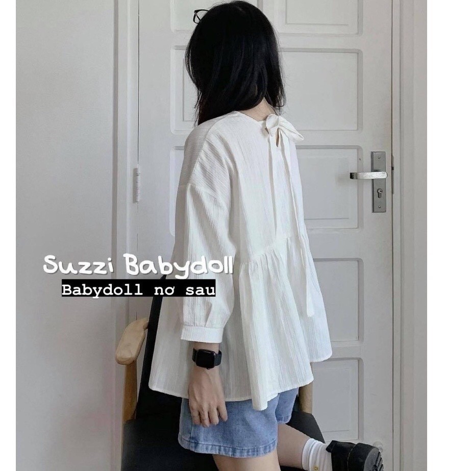 Áo sơ mi babydoll trắng thắt nơ sau cổ tròn dài tay ulzzang