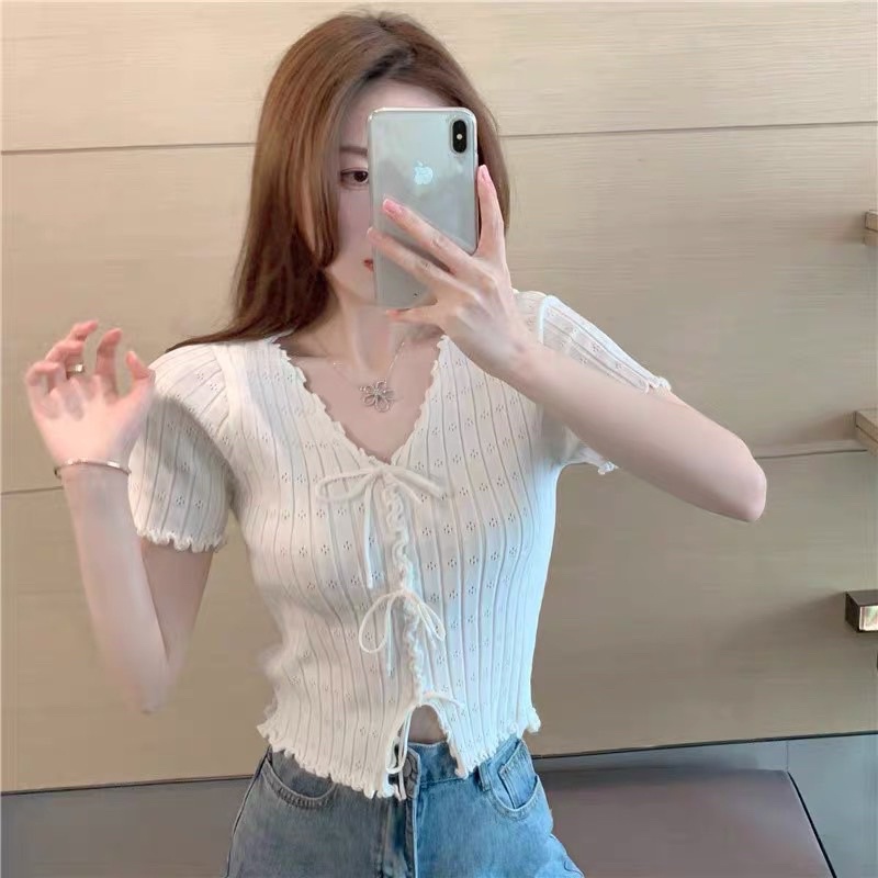 Áo Croptop Nữ Màu Đỏ Trắng Hồng Đen Cổ Tim Ngắn Tay Phối Bèo Tiểu Thư Phong Cách Hàn Quốc Hàng Quảng Châu Loại 1