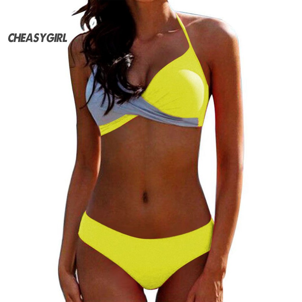 Bộ bikini 2 mảnh áo cổ treo phối màu + quần lót quyến rũ cho nữ | BigBuy360 - bigbuy360.vn