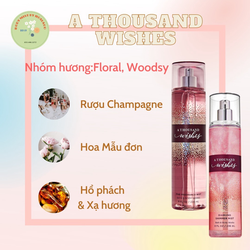 Body mist A thousand wishes 236ml Xịt Thơm toàn thân Hương Thơm ngọt ngào, Cá Tính