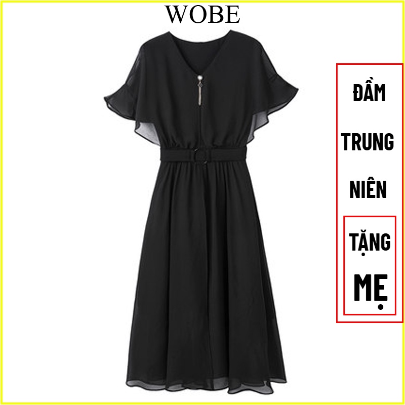 Váy trung niên cho mẹ sang trọng bigsize cao cấp dự tiệc thiết kế dáng xòe đẹp WOBE Happy Mami - L220