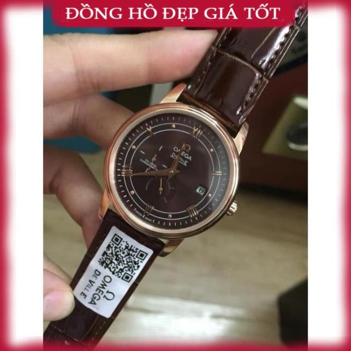 Đồng hồ Nam Omegga máy cơ automatic máy Nhật kim báo cót vỏ vàng hồng mặt nâu cafe dây da 39mm WACH